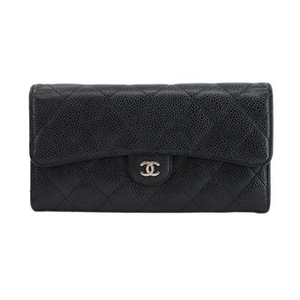 Chanel Black Grained Calfskin Long Wallet (Bi-Fold) (Pre-Owned)