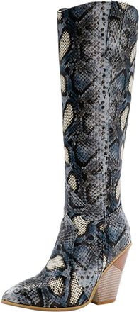 Generic Winter Western Print Knee High Boots for Women with Chunky Stacked Heel and Pointed Toe Design (Black, 4. 5)