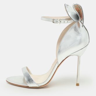 Sophia Webster Metallic Silver Leather Maya Crystal Embellished Bow Ankle Strap Sandals