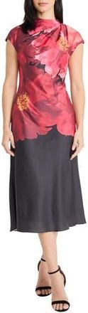 Maggy London Pleated Floral Print Cap Sleeve Satin Midi Dress in Black/Flame at Nordstrom Rack, Size 14