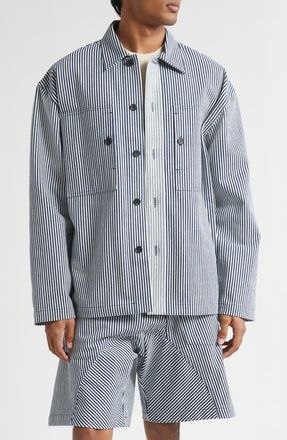 J.W.Anderson Stripe Patch Pocket Overshirt in Off White/Navy at Nordstrom, Size X-Large