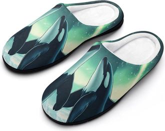 Generic Orcas Killer Whale Northern Light Mens House Slippers Memory Foam Washable Cotton Slip on Home Shoes