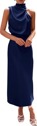 PrettyGarden Womens 2025 Summer Satin Dress Elegant Sleeveless Mock Neck Cocktail Party Maxi Dresses, Dark Navy, XL