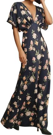 BHLDN Leila Deep-V Flutter-Sleeve Satin A-Line Gown In Navy/martin