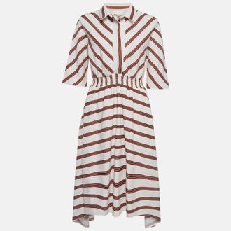 Maje White/red Striped Gabardine Asymmetric Midi Dress