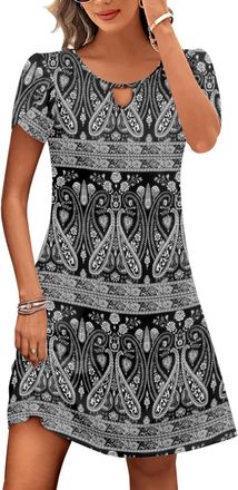 Zeagoo Summer Casual Dresses for Women Boho Green Floral Printed Dress Fit and Flare Swing Dresses Elegant Tunic Dress Black White XXL