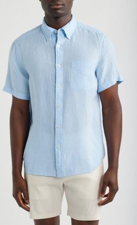 Vineyard Vines Surfside Solid Short Sleeve Linen Button-Down Shirt in Jake Blue at Nordstrom, Size Xx-Large