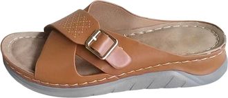 Generic Ladies Fashion Flat Sandals with Leather Overlay and Decorative Buckle Strap for Everyday Comfortable Wear (Brown, 5.5)