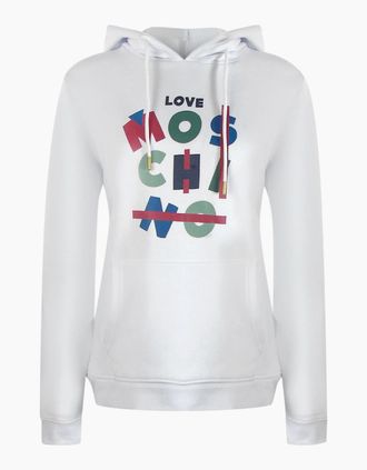 Love Moschino Mens Love Moschino Jumble Logo White Hoodie - Size: 40