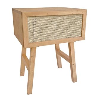 NATYAL Mesita de noche de madera maciza en tonos claros y caj&oacute;n de rafia 45cm