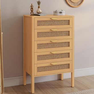 IDMarket C&oacute;moda Edhen De 5 Cajones, 60 Cm, Mimbre Color Madera