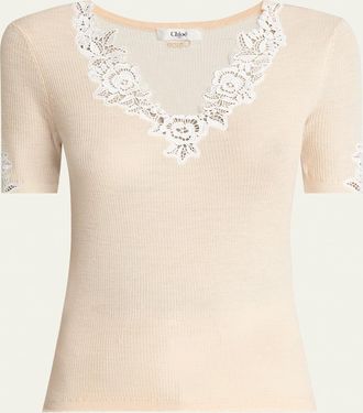 Chloé Floral Guipure Lace V-Neck Fitted Top