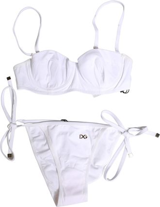 Dolce & Gabbana White Nylon Bikini Logo Plaque 2 Piece Womens Swimwear