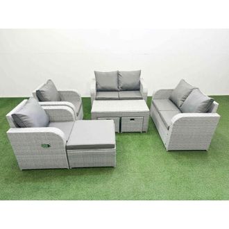 Fimous 9 Seater Outdoor Reclining Chair Love Sofa Set Rattan Garden Furniture Set with Oblong Coffee Table 3 Stools Light Grey - Fimous