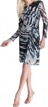 DKNY Womens Printed Side-Ruched Sheer-Sleeve Mesh Dress In Blue & Cream