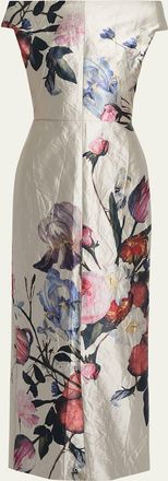 Erdem Off-The-Shoulder Floral Satin Column Gown