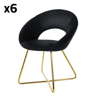 ML Design 6x Sillas de comedor aspecto terciopelo negro patas de metal doradas