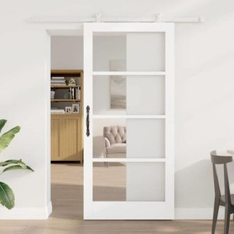 vidaXL Puerta Deslizante Vidaxl Con Juego De Herrajes orkdalmadera S&oacute;lida Blanca Y Cristal