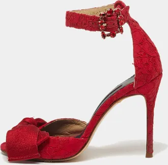 Carolina Herrera Size 36 Red Lace And Satin Bow Ankle Strap Sandals