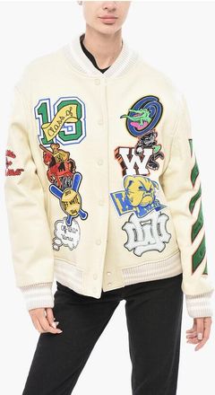 Off-white SEASONAL Bomber SLOGAN with Leather Sleeves and Embellishmen size 42