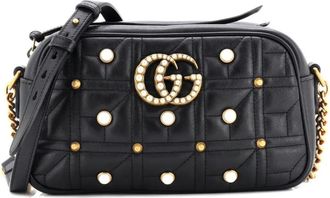 Gucci Pearly GG Marmont Shoulder Bag Embellished Matelasse Leather Small crossbody bag - Zwart