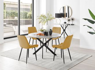 Furniturebox Novara Grey Concrete Effect Black Leg 120cm Round Dining Table & 4 Pesaro Black Leg Chairs in Mustard