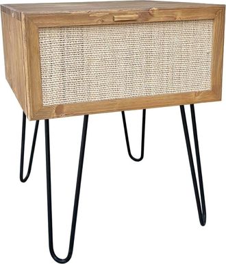 NATYAL Mesita de noche de madera tono roble con cajón de rafia y patas metal
