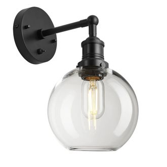 Industville Brooklyn Glass Globe Wall Light - 7 Inch - Clear in Black | Size: Medium