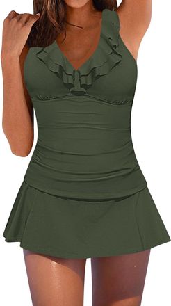 Generic Womens Swimming Costumes Tankini Sets for Women UK Two Piece Tummy Control with Skirt V Neck Bathing Suit Summer Beach Wear Swimsuits Army Green M
