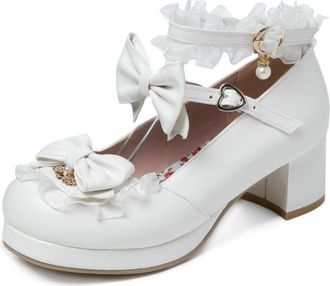 Generic DSKHDZW Women Round Toe Lolita Princess Dress Pumps Mid Block Heel Mary Janes Lace Bow Pearl Cute Cosplay Shoes,White,5 UK