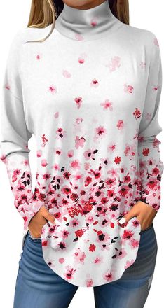 Generic Slim Fit Shirt Womens Waist Top High Necked Long Sleeved Shirt Autumn and Winter Casual Printed Clothing Summer Tops for Women (Rose Gold, S)