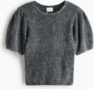 H&M Knitted Puff-sleeved Top in Gray Melange at Nordstrom, Size Xx-Large