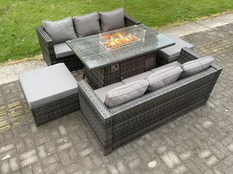 Fimous 8 Seater Outdoor Rattan Garden Furniture Sofa Set Gas Fire Pit Dining Table Gas Heater Burner Footstool in Dark Grey