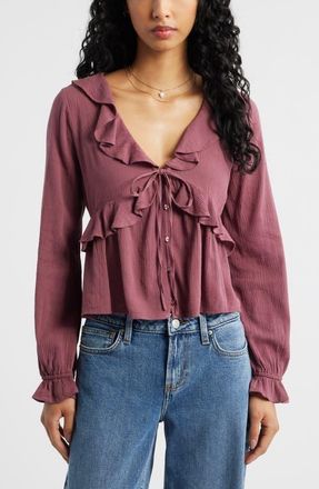 BP. Ruffle Tie Neck Button-Up Shirt in Burgundy Shade at Nordstrom, Size Xx-Small