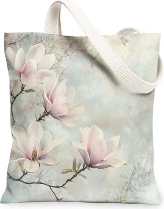 Generic Spring Magnolia Flower Canvas Tote Bag for Shopping 13x15, Floral Garden Scenic Reusable Grocery Print Bag for Women, Fun Landscape Beach Aesthetic Pa