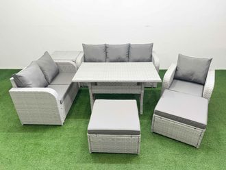 Fimous Patio PE Wicker 8 Seater Outdoor Rattan Furniture Sofa Sets w/ Rectangular Dining Table Reclining Chair Loveseat Sofa 3 Seater Sofa 2 Big