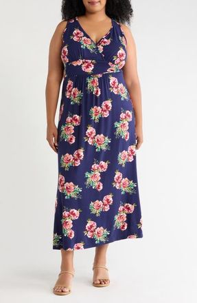 Loveappella Empire Waist Maxi Dress in Navy/coral at Nordstrom, Size 2X