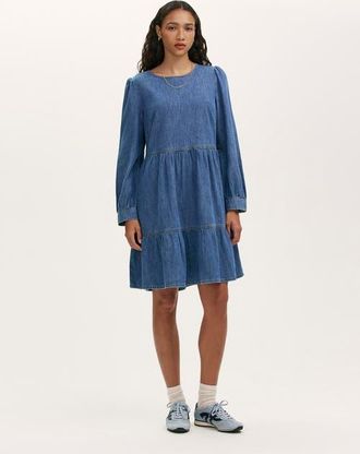 Finery Nancy Denim Short Tiered Dress in Light Blue at Nordstrom, Size 12