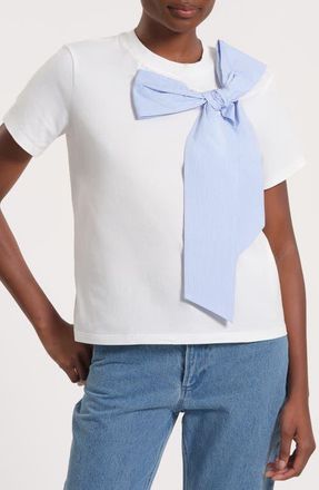 Isaac Mizrahi New York Striped Bow Stretch Cotton T-Shirt in White Blue at Nordstrom, Size X-Large