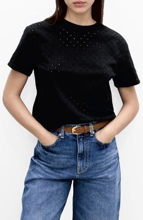 Mango Embroidered Openwork Cotton T-Shirt in Black at Nordstrom, Size X-Small