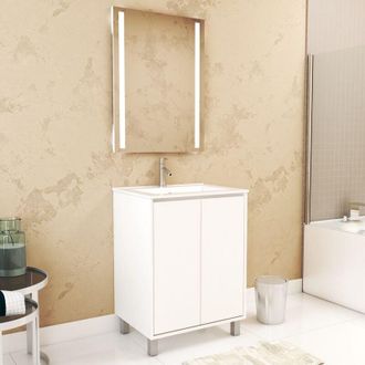 Aurlane Aurlane - Pack Mueble De Ba&ntilde;o 60cm Blanco Lacado 2 Puertas, Lavabo, Espejo 60x80 Con Luz Led Integrada