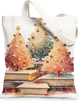 Generic Christmas Tree Canvas Tote Bags, Festive Art Pattern Reusable Grocery Bags, Winter Vintage Washable Shoulder Strap for Trav, White, 13x15 Inch