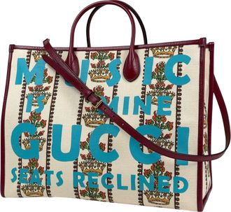Gucci Beige Multi-Color Red Color Canvas Leather Handbag Shoulder Bag Tote Bag (Pre-Owned)