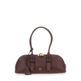 Pinko Bowling Bag Horizontal Big Brown Handbag With Adjustable And Removable Shoulder Strap And Padlock Detail In Leather Woman