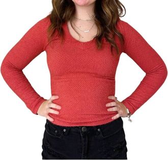 Scala Long Sleeve Furry V Neck Sweater In Atacama Rust