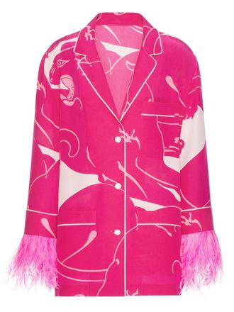 Valentino Garavani Panther crepe-de-chine blouse - women - Silk/Silk/Ostrich Feather - 42 - Pink