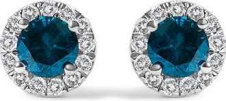 House of Brilliance 925 Sterling Silver 1.00 Cttw Blue Diamond Halo Stud Earring