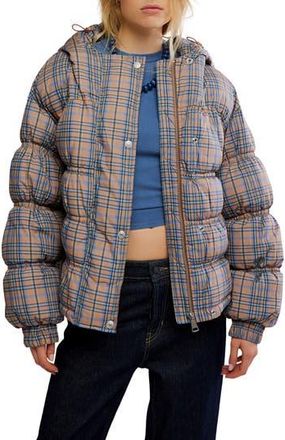 Free People Party of One Plaid Water Resistant Hooded Puffer Jacket in Tan Combo at Nordstrom Rack, Size X-Large