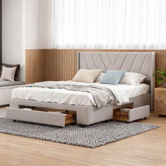 OEM Lit 140x190 Cm - Estructura De Cama 140x190 - Cabecero De Lino Con L&iacute;neas - 3 Cajones - Somier De Lamas Incluido
