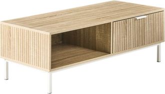 Beliani Mesa De Centro De Estilo Escandinavo Con Caj&oacute;n Mdf Patas De Metal Estante Espacio De Almacenaje 110 X 50 Cm Marr&oacute;n Claro Royalla